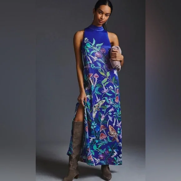Anthropologie Blue Floral Maxi Dress - Picture 1 of 6